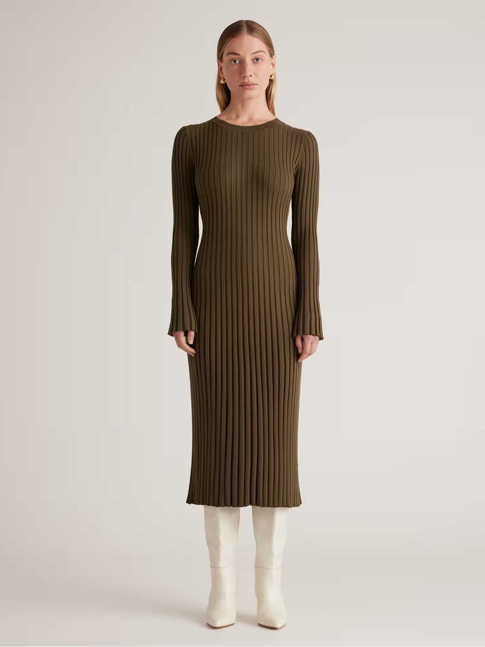 Quince Olive Green Cotton Cashmere Ribbed Long Sleeve Crew Midi Dress